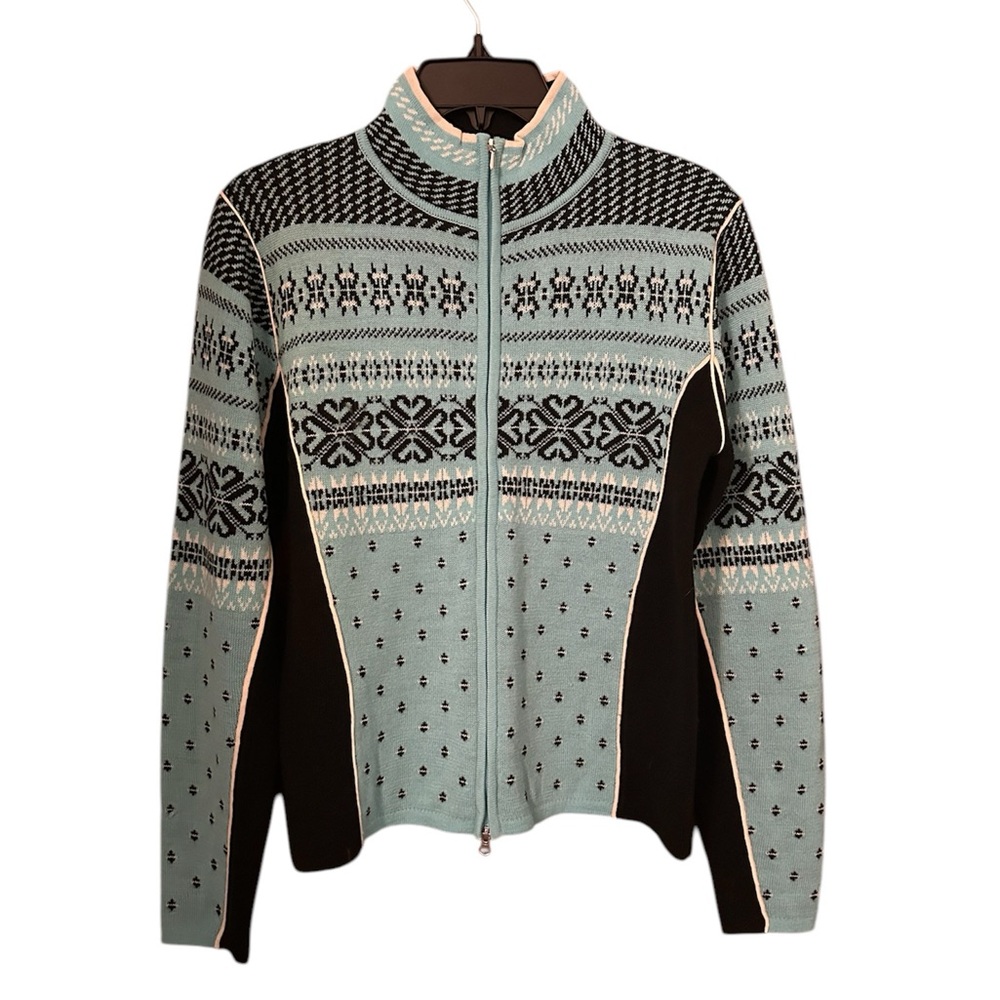 Obermeyer Zip Front Snowflake Print Wool Blend Ski Sweater Size M